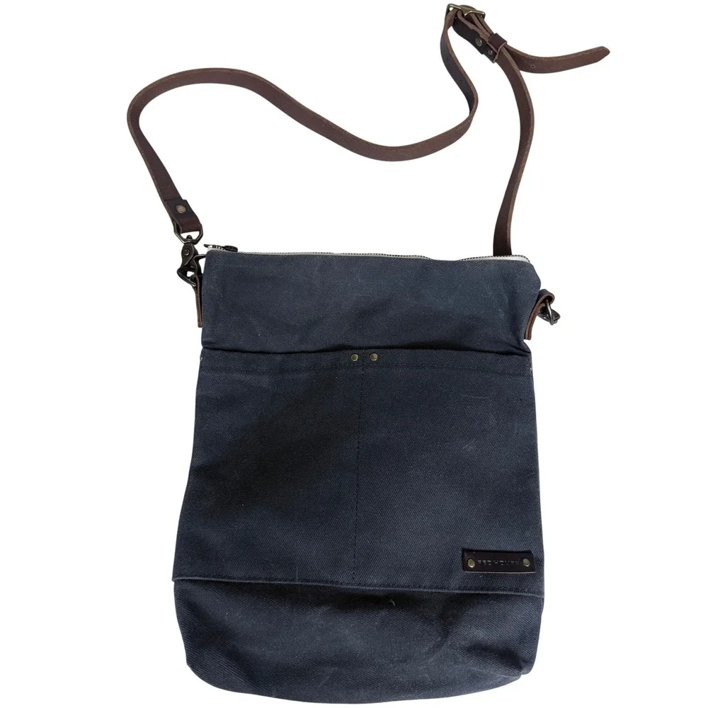 Red House Crossbody Bag Unisex Medium Black Waxed Canvas Leather Strap Handmade